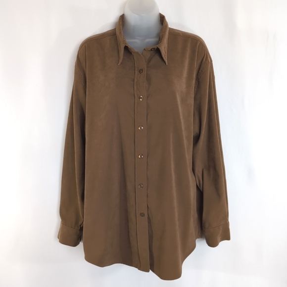Bill Blass Jeans Stretch Button Down Tan Brown Long Sleeve Shirt - L Large - Picture 1 of 7